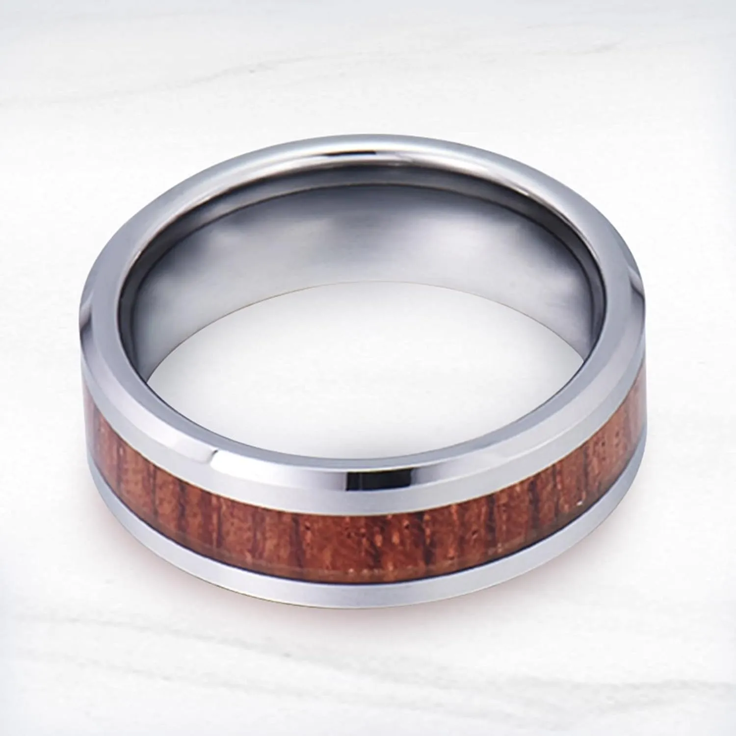 Couple Rings Engraving, Tungsten Carbide Rings for Men 8mm Silver Wooden Ring Beveled Edge Fashion Couple Ring