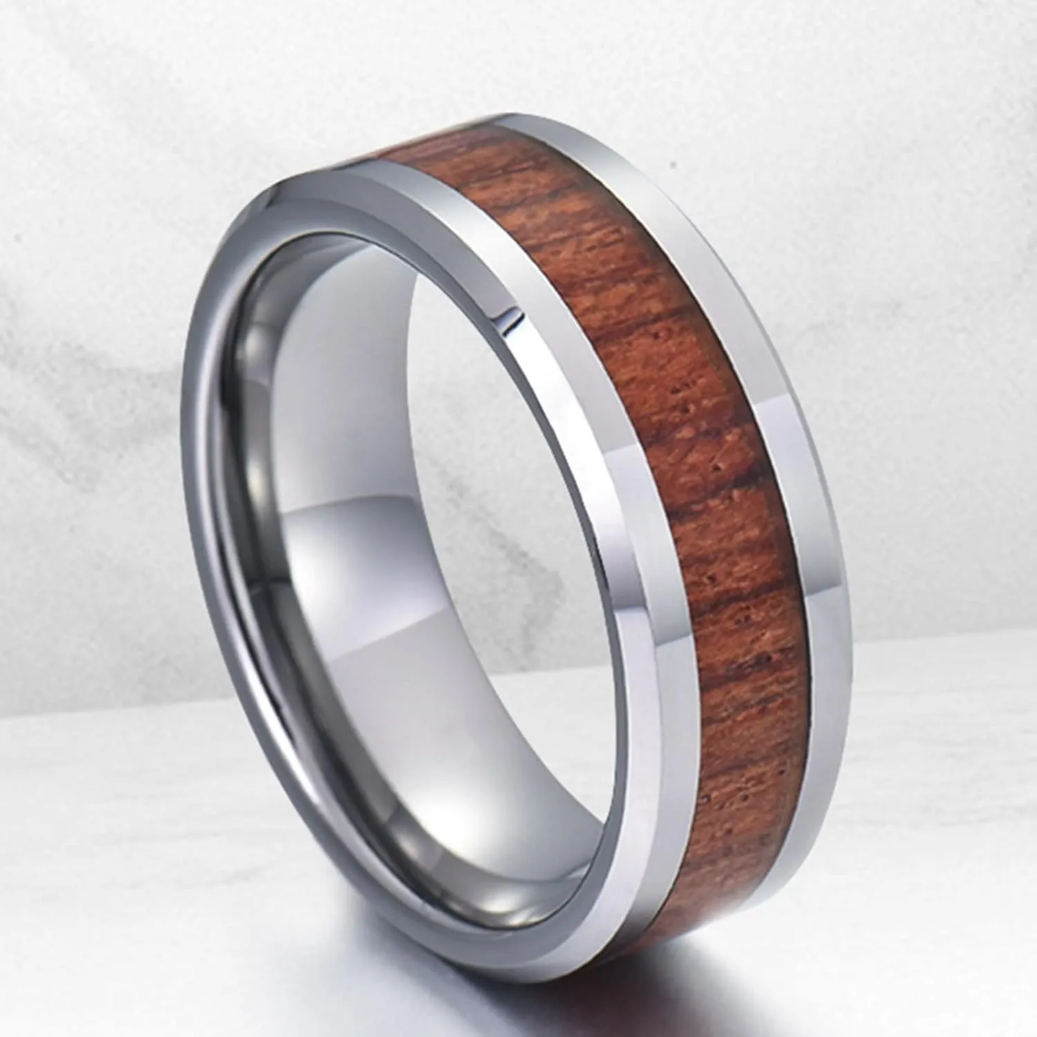 Couple Rings Engraving, Tungsten Carbide Rings for Men 8mm Silver Wooden Ring Beveled Edge Fashion Couple Ring