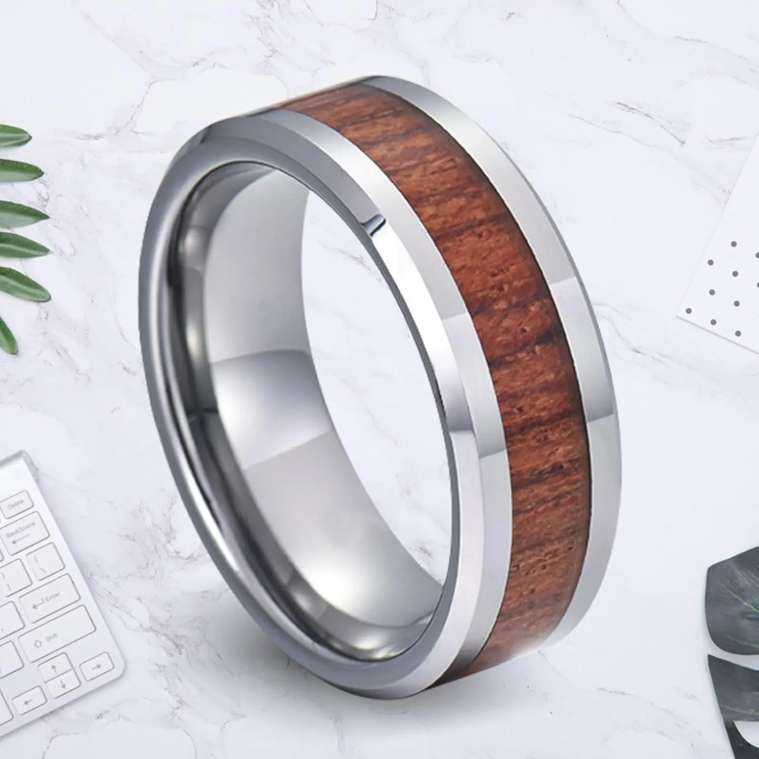 Couple Rings Engraving, Tungsten Carbide Rings for Men 8mm Silver Wooden Ring Beveled Edge Fashion Couple Ring