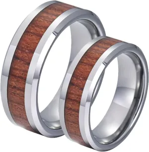 Couple Rings Engraving, Tungsten Carbide Rings for Men 8mm Silver Wooden Ring Beveled Edge Fashion Couple Ring