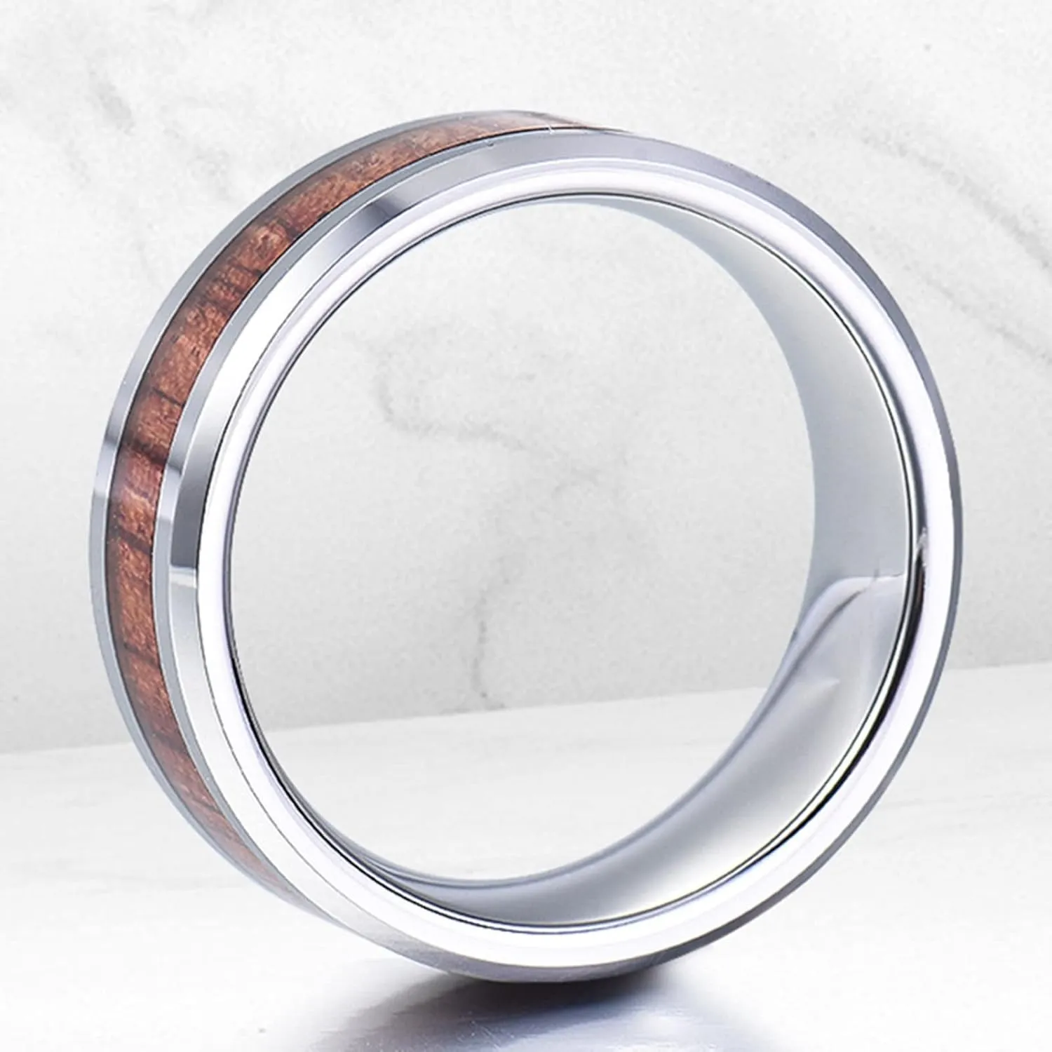 Couple Rings Engraving, Tungsten Carbide Rings for Men 8mm Silver Wooden Ring Beveled Edge Fashion Couple Ring