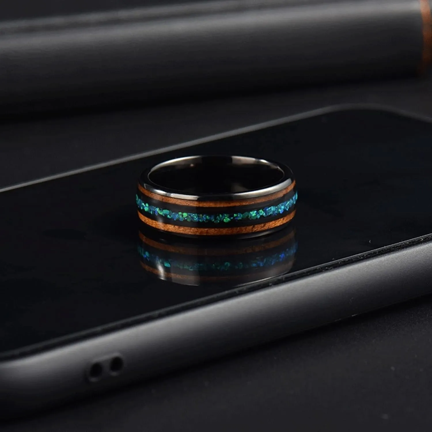 Couple Rings Matching, Black Tungsten Rings for Men 8mm Ring Inlay Opal and Wood Men's and Women's Fashion Rings