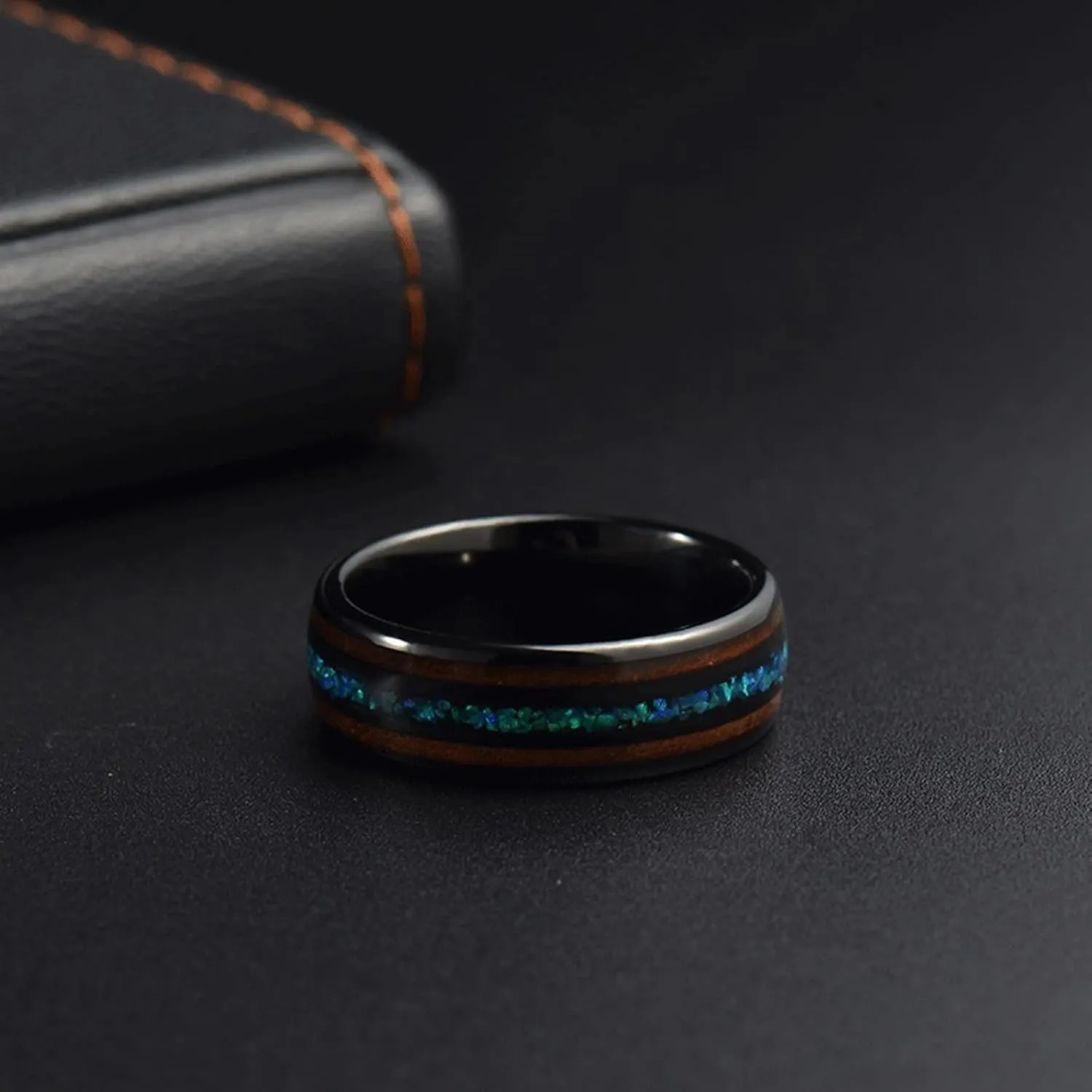 Couple Rings Matching, Black Tungsten Rings for Men 8mm Ring Inlay Opal and Wood Men's and Women's Fashion Rings