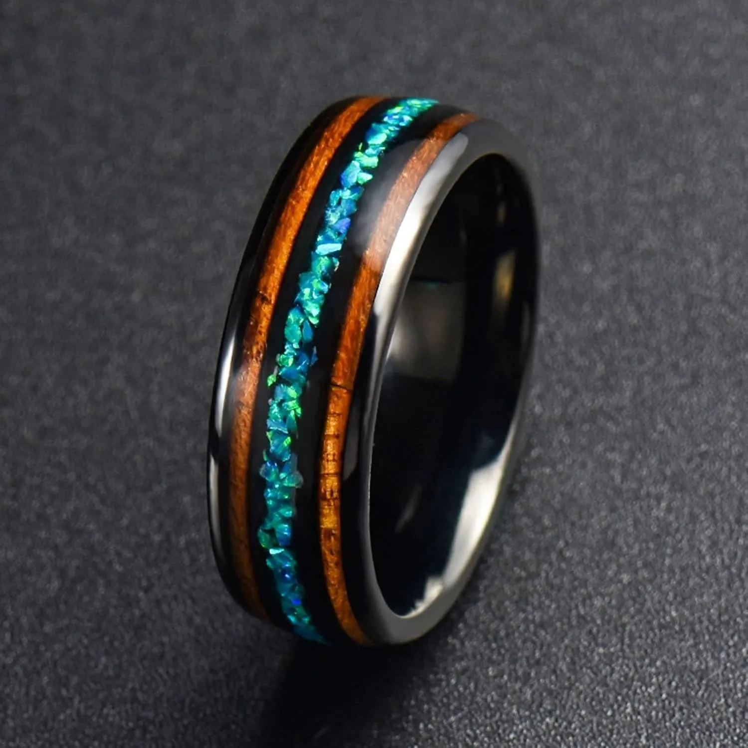 Couple Rings Matching, Black Tungsten Rings for Men 8mm Ring Inlay Opal and Wood Men's and Women's Fashion Rings