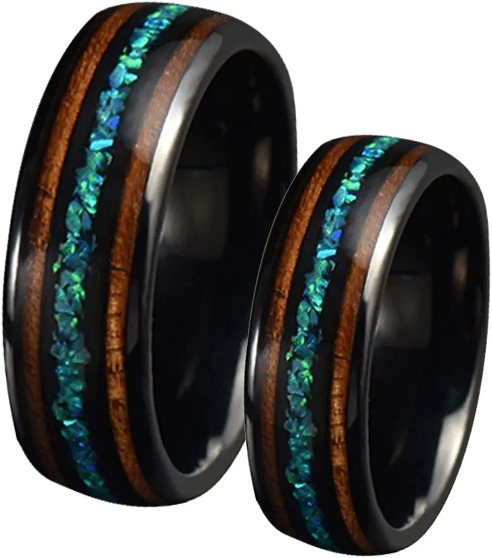 Couple Rings Matching, Black Tungsten Rings for Men 8mm Ring Inlay Opal and Wood Men's and Women's Fashion Rings
