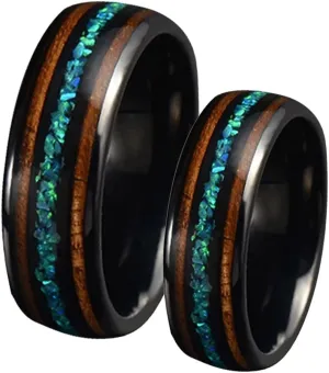 Couple Rings Matching, Black Tungsten Rings for Men 8mm Ring Inlay Opal and Wood Men's and Women's Fashion Rings