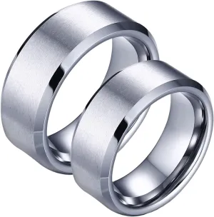 Couple Rings Promise, Tungsten Rings Women 8mm Silver Brushed Ring Beveled Edge Wedding Gifts for Couple