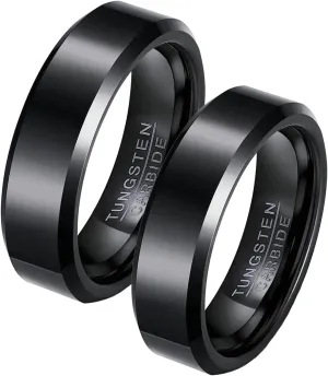 Couple Rings Wedding Set, Black Tungsten Rings for Men Wedding Band 6mm Ring Beveled Edge Valentine's Day Couple Rings