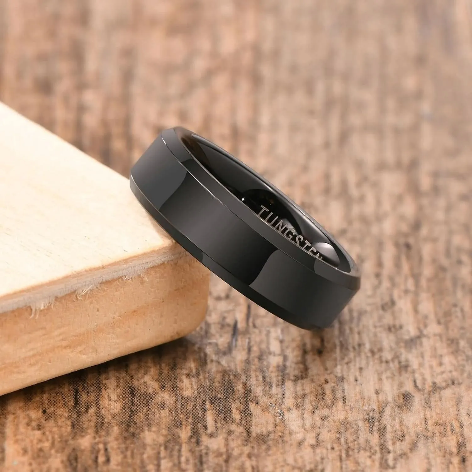 Couple Rings Wedding Set, Black Tungsten Rings for Men Wedding Band 6mm Ring Beveled Edge Valentine's Day Couple Rings