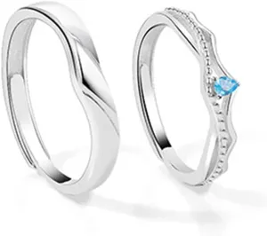 Couple Wedding Rings Set, Engagement Rings for Couples Adjustable Personalized 925 Sterling Silver Polished Crown Ring with Cubic Zirconia
