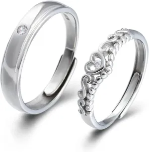 Couple Wedding Rings Set, Promise Rings for Couples 925 with Silver Heart Crown Couple Adjustable Ring Gift