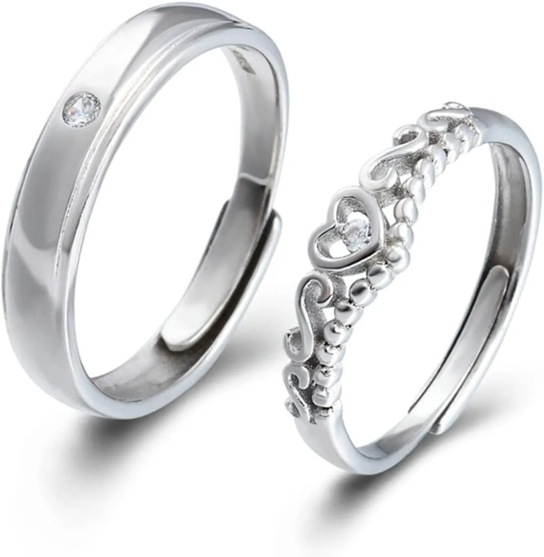 Couple Wedding Rings Set, Promise Rings for Couples 925 with Silver Heart Crown Couple Adjustable Ring Gift