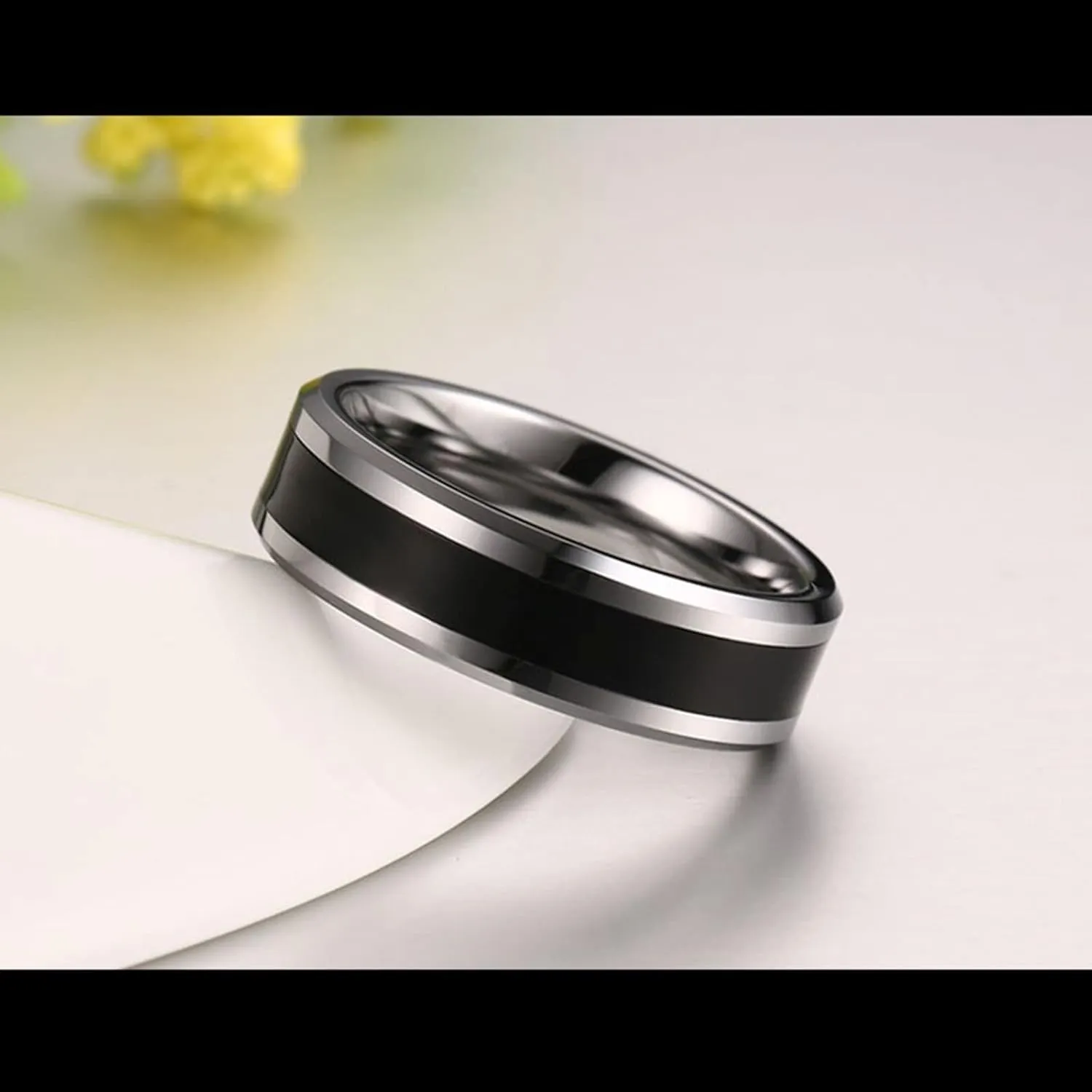 Couples Engagement Rings, Mens Tungsten Rings 6mm Silver Ring Beveled Edge with Black Enamel Engagement Couple Rings