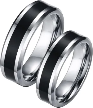 Couples Engagement Rings, Mens Tungsten Rings 6mm Silver Ring Beveled Edge with Black Enamel Engagement Couple Rings