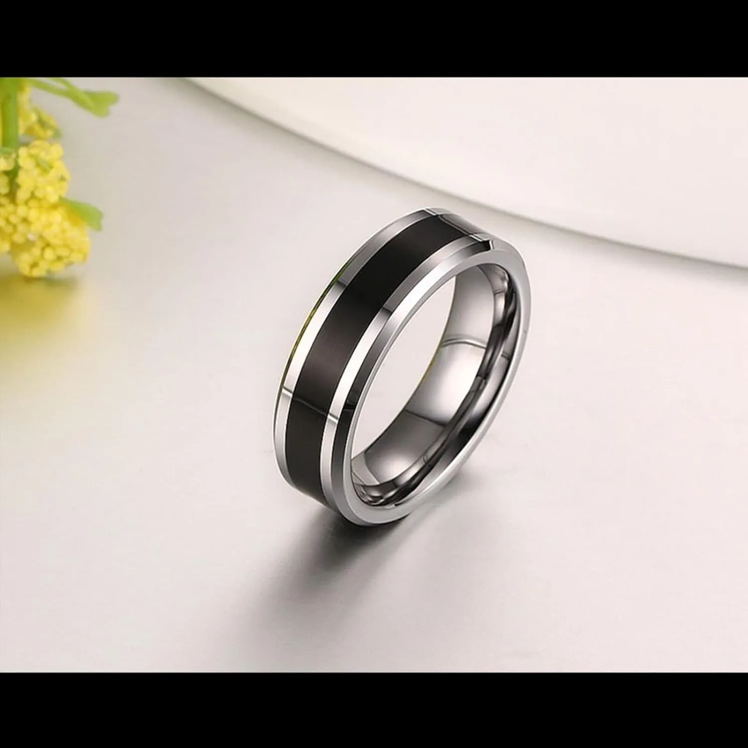 Couples Engagement Rings, Mens Tungsten Rings 6mm Silver Ring Beveled Edge with Black Enamel Engagement Couple Rings