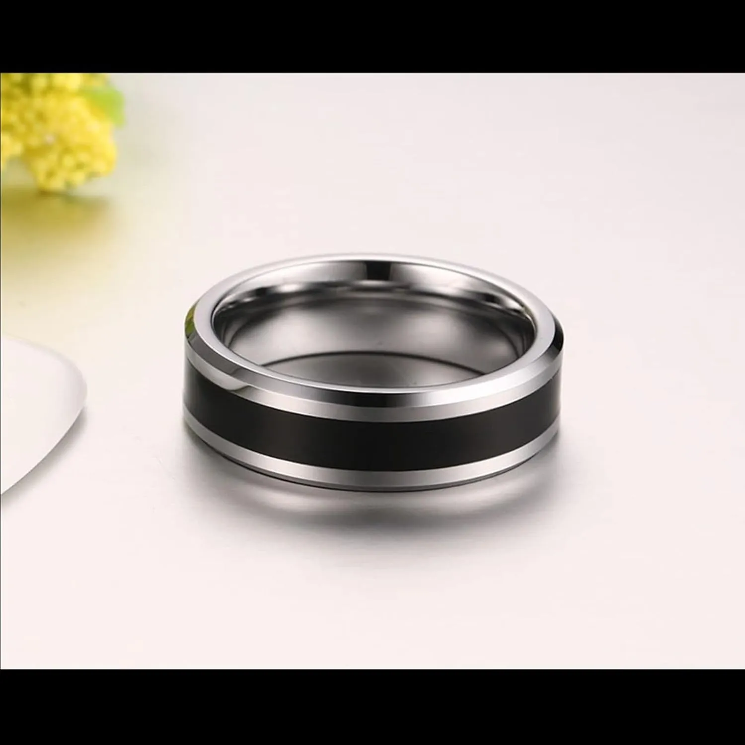 Couples Engagement Rings, Mens Tungsten Rings 6mm Silver Ring Beveled Edge with Black Enamel Engagement Couple Rings