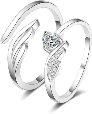 Couples Jewelry for Him and Her Rings, Couple Rings Adjustable Sterling Silver Customizable Angel Wing Ring with Cubic Zirconia