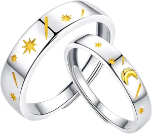 Couples Matching Ring Set Moon and Star Design Adjustable Finger Jewelry for Engagement and Anniversary