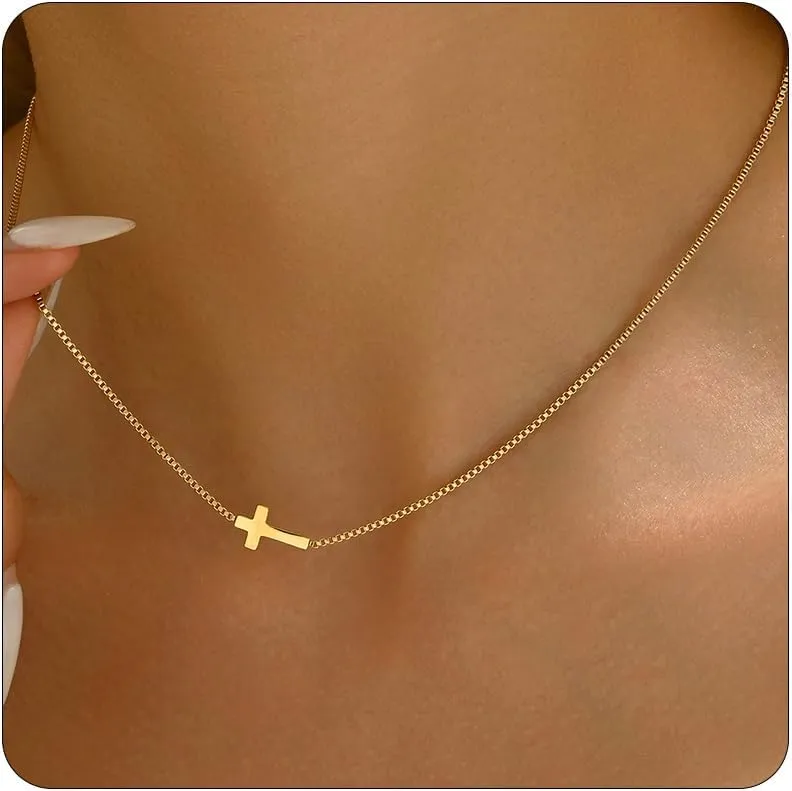 Cross Necklace for Women 18K Gold Plated Cross Pendant Necklace Dainty Sidways Cross Choker Necklaces Simple Small Cross Pearl Chain Trendy Faith Jewelry Gift