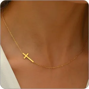 Cross Necklace for Women 18K Gold Plated Cross Pendant Necklace Dainty Sidways Cross Choker Necklaces Simple Small Cross Pearl Chain Trendy Faith Jewelry Gift