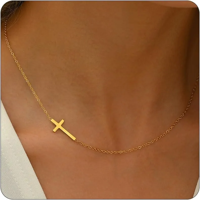 Cross Necklace for Women 18K Gold Plated Cross Pendant Necklace Dainty Sidways Cross Choker Necklaces Simple Small Cross Pearl Chain Trendy Faith Jewelry Gift
