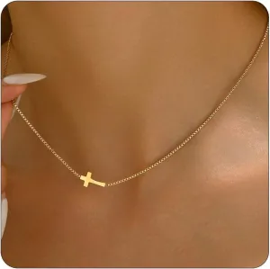 Cross Necklace for Women 18K Gold Plated Cross Pendant Necklace Dainty Sidways Cross Choker Necklaces Simple Small Cross Pearl Chain Trendy Faith Jewelry Gift