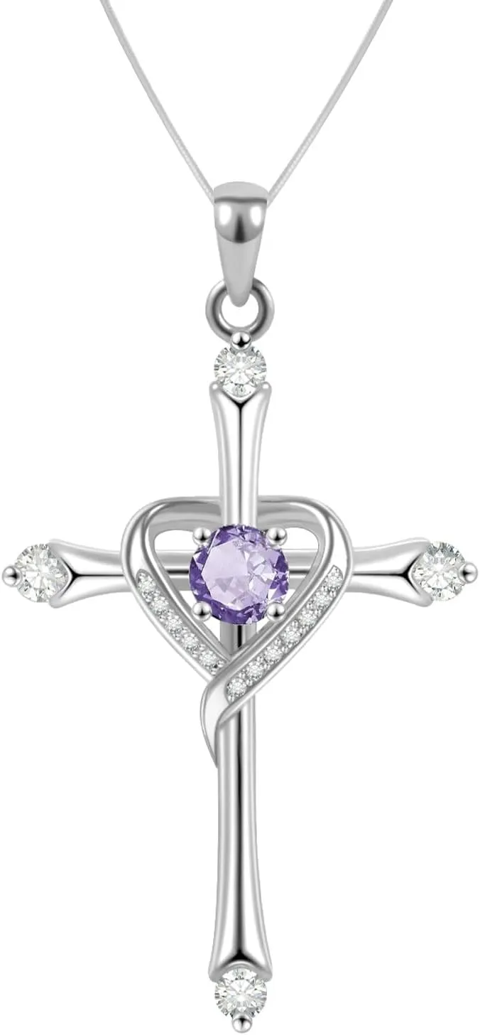 Cross Necklace for Women 925 Sterling Silver Cross Necklace Baptism Christian Gifts for Women February CZ Birthstone Necklace Religious Gifts with Bible Box Women'S Crucifix Jewelry with Snake Chain