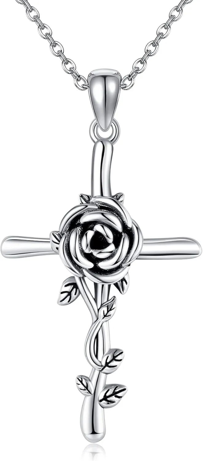 Cross Necklace S925 Sterling Silver Bee/Rose/Hummingbird/Butterfly/Cardinal Cross Necklaces Faith Christian Jewelry Gifts For Women