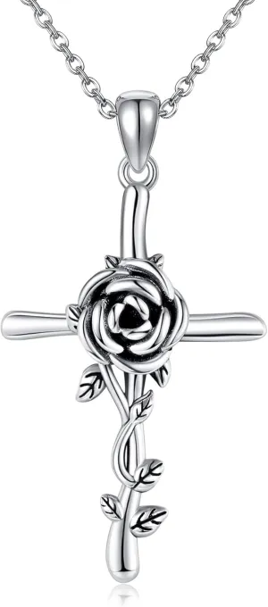 Cross Necklace S925 Sterling Silver Bee/Rose/Hummingbird/Butterfly/Cardinal Cross Necklaces Faith Christian Jewelry Gifts For Women
