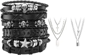 Cross Necklaces Braided PU Leather Bracelets for Women Men Emo Punk Gothic Style