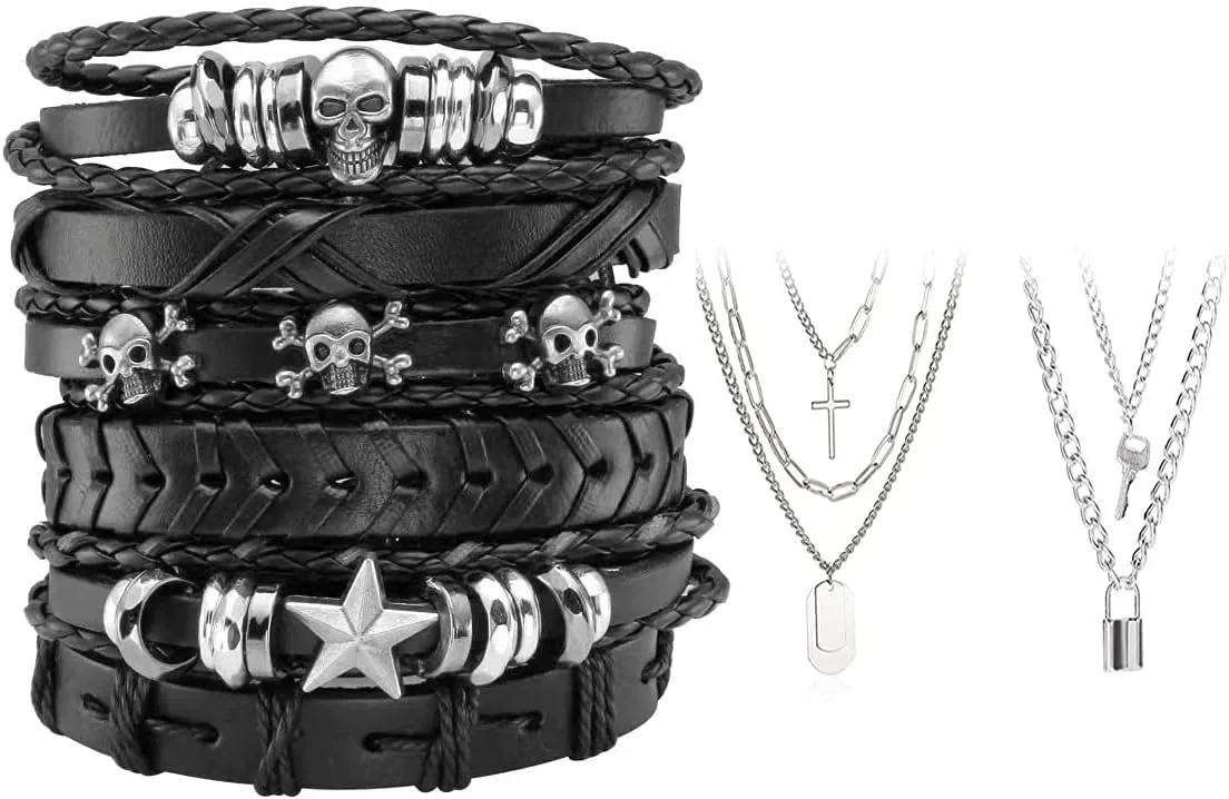 Cross Necklaces Braided PU Leather Bracelets for Women Men Emo Punk Gothic Style