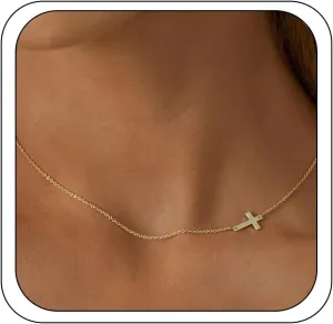 Cross Necklaces for Women, Gold Small Simple Sideways Cross Pendant Chain Choker Necklace Statement Personalized Cute Present Jewelry