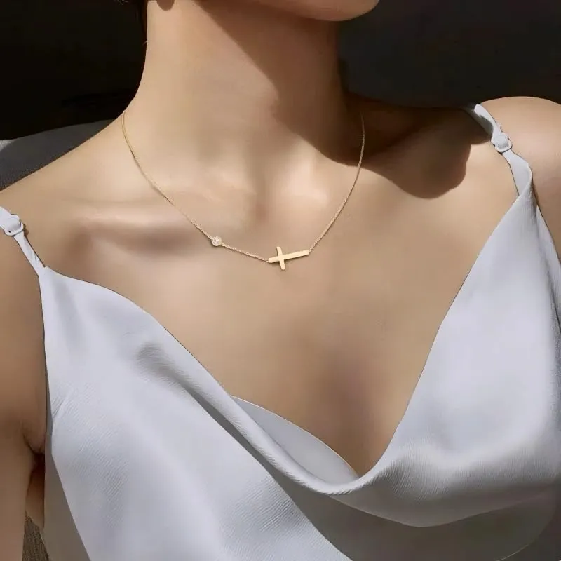 Cross Necklaces for Women Jewelry, Dainty Gold Color Stainless Steel Simple Choker Collar Gift for Her-T21