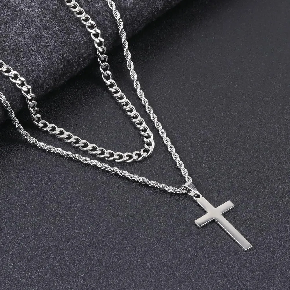 Cross Pendant Necklace for Men Women,Silver Gold Black Stainless Steel Layered Chain Christian Faith Cross Necklaces