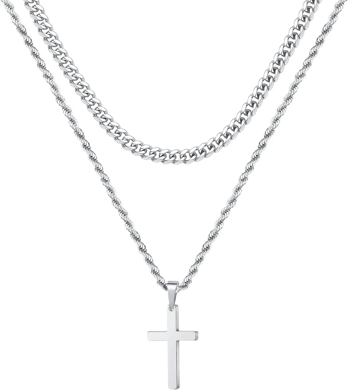 Cross Pendant Necklace for Men Women,Silver Gold Black Stainless Steel Layered Chain Christian Faith Cross Necklaces
