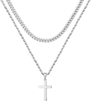 Cross Pendant Necklace for Men Women,Silver Gold Black Stainless Steel Layered Chain Christian Faith Cross Necklaces