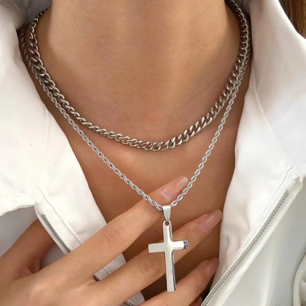Cross Pendant Necklace for Men Women,Silver Gold Black Stainless Steel Layered Chain Christian Faith Cross Necklaces