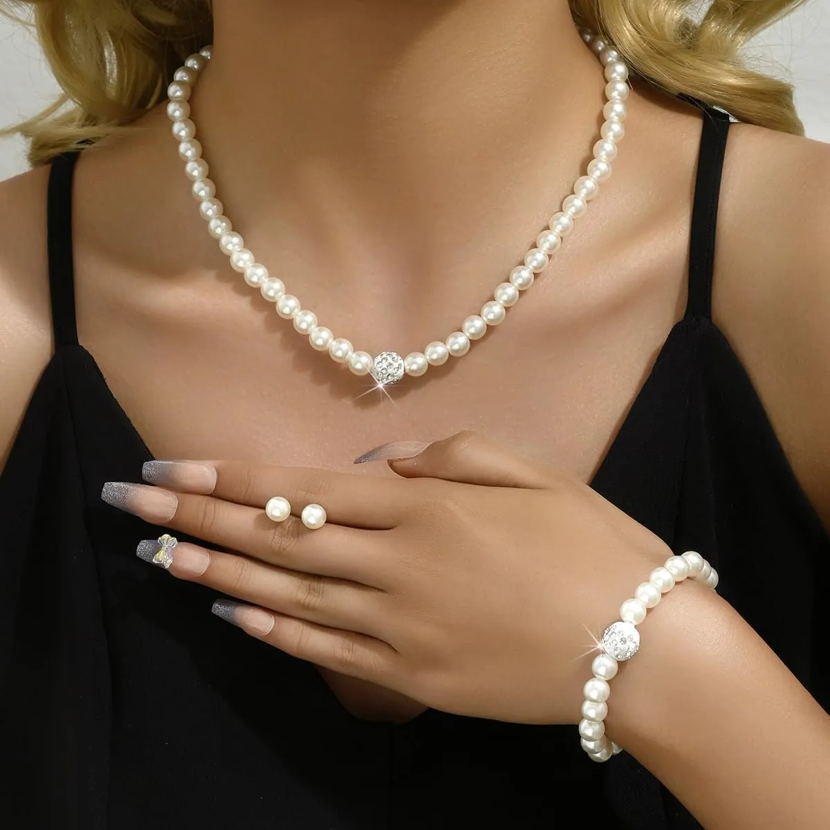CSIYANJRY99 Pearl Necklace and Earring Set Faux Pearl Jewelry Sets for Women Imitation Beaded Pearl Necklace Bracelet Stud Earrings for Women