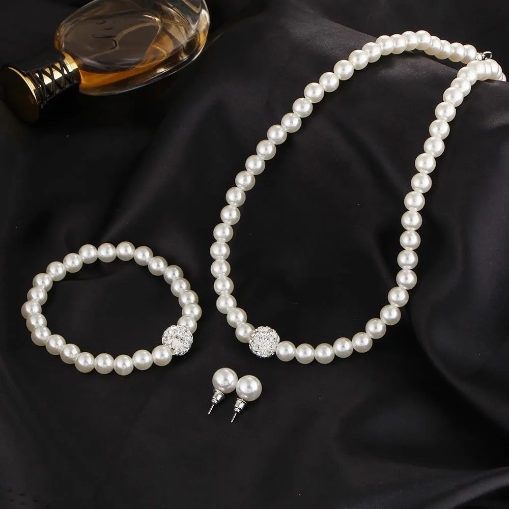 CSIYANJRY99 Pearl Necklace and Earring Set Faux Pearl Jewelry Sets for Women Imitation Beaded Pearl Necklace Bracelet Stud Earrings for Women