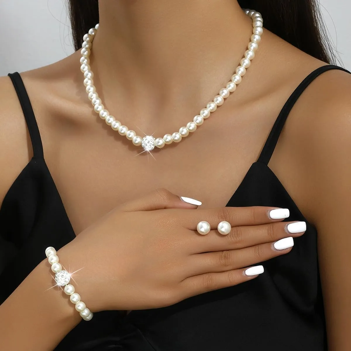 CSIYANJRY99 Pearl Necklace and Earring Set Faux Pearl Jewelry Sets for Women Imitation Beaded Pearl Necklace Bracelet Stud Earrings for Women