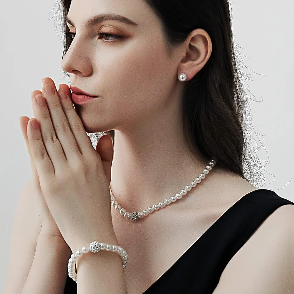 CSIYANJRY99 Pearl Necklace and Earring Set Faux Pearl Jewelry Sets for Women Imitation Beaded Pearl Necklace Bracelet Stud Earrings for Women