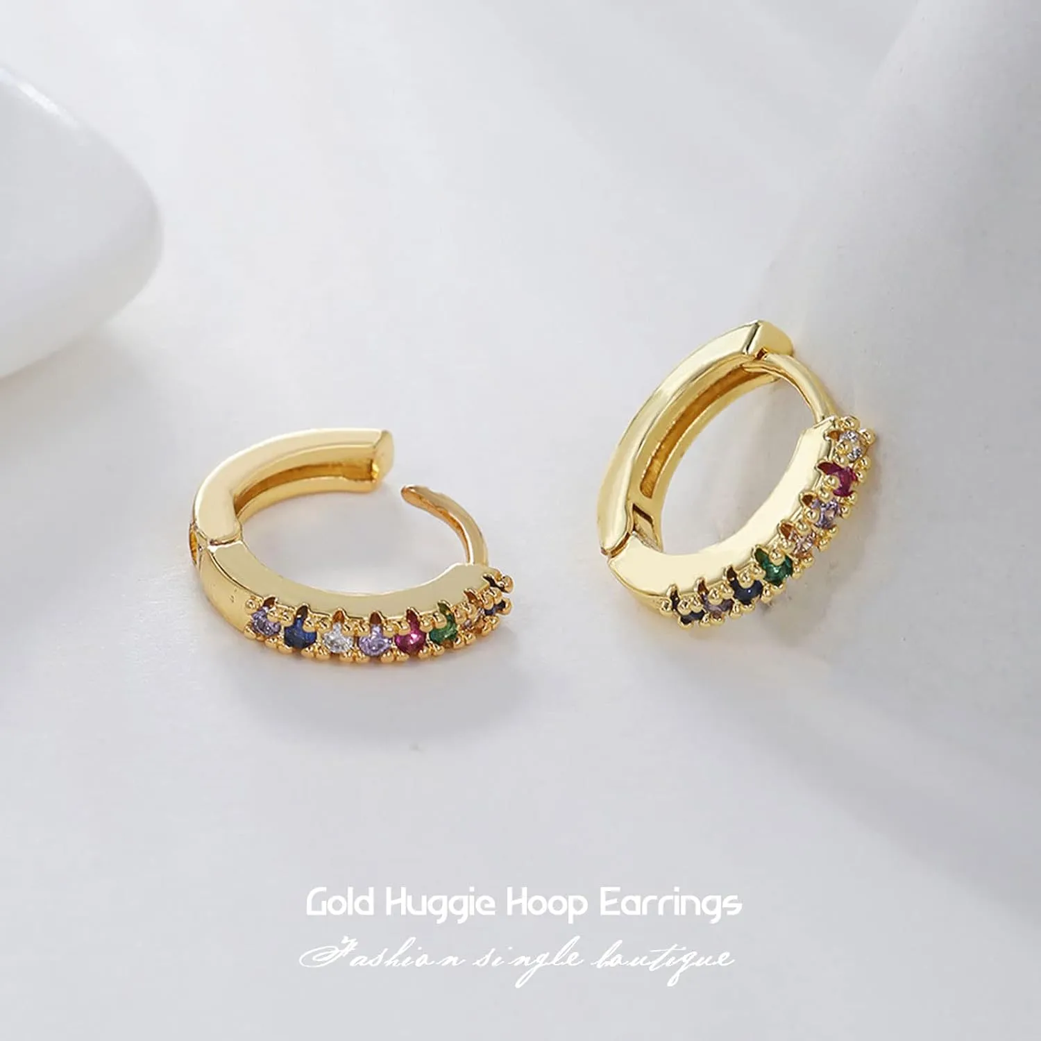 Cubic Zirconia Huggie Hoop Earrings for Women, 8mm Tiny Mini Small Hoop Earrings, Hypoallergenic 14K Gold Plated Cartilage Piercing Earrings (Gold, Black CZ)