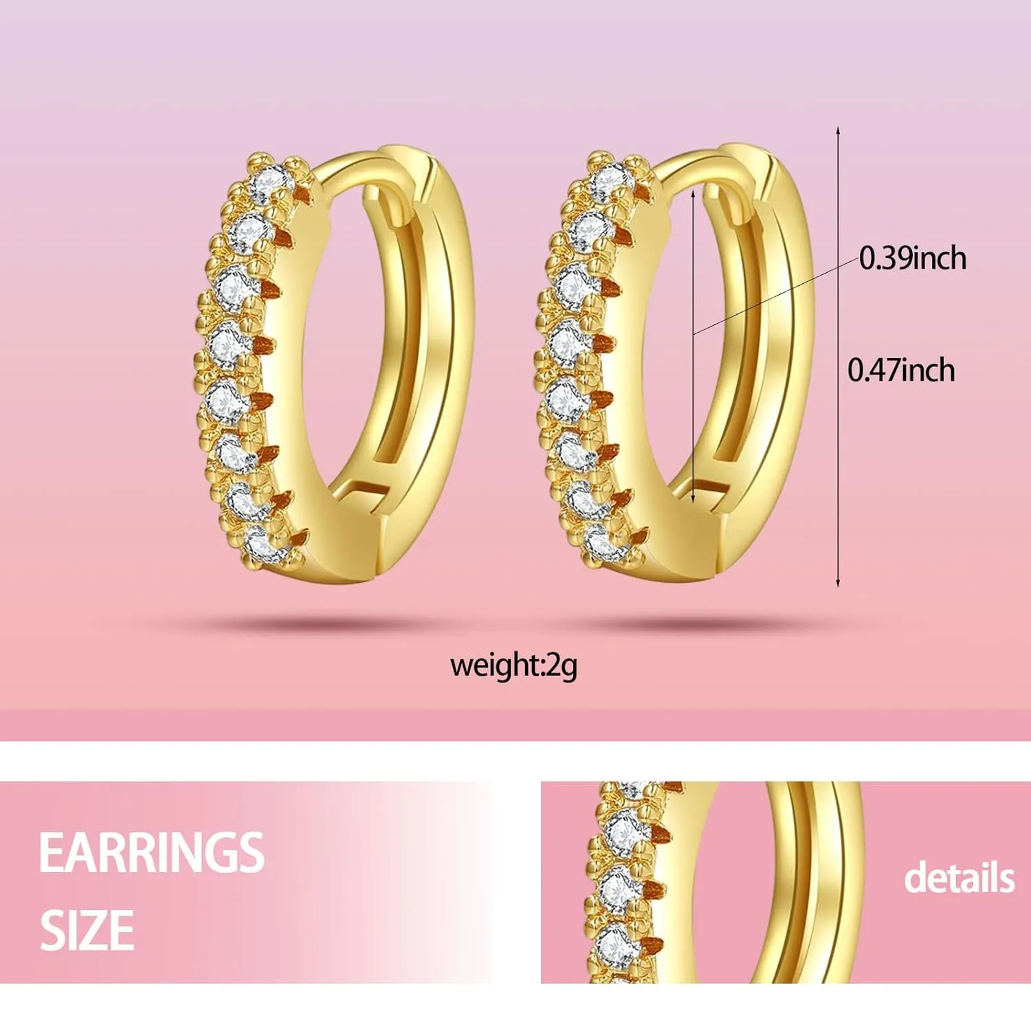 Cubic Zirconia Huggie Hoop Earrings for Women, 8mm Tiny Mini Small Hoop Earrings, Hypoallergenic 14K Gold Plated Cartilage Piercing Earrings (Gold, Black CZ)