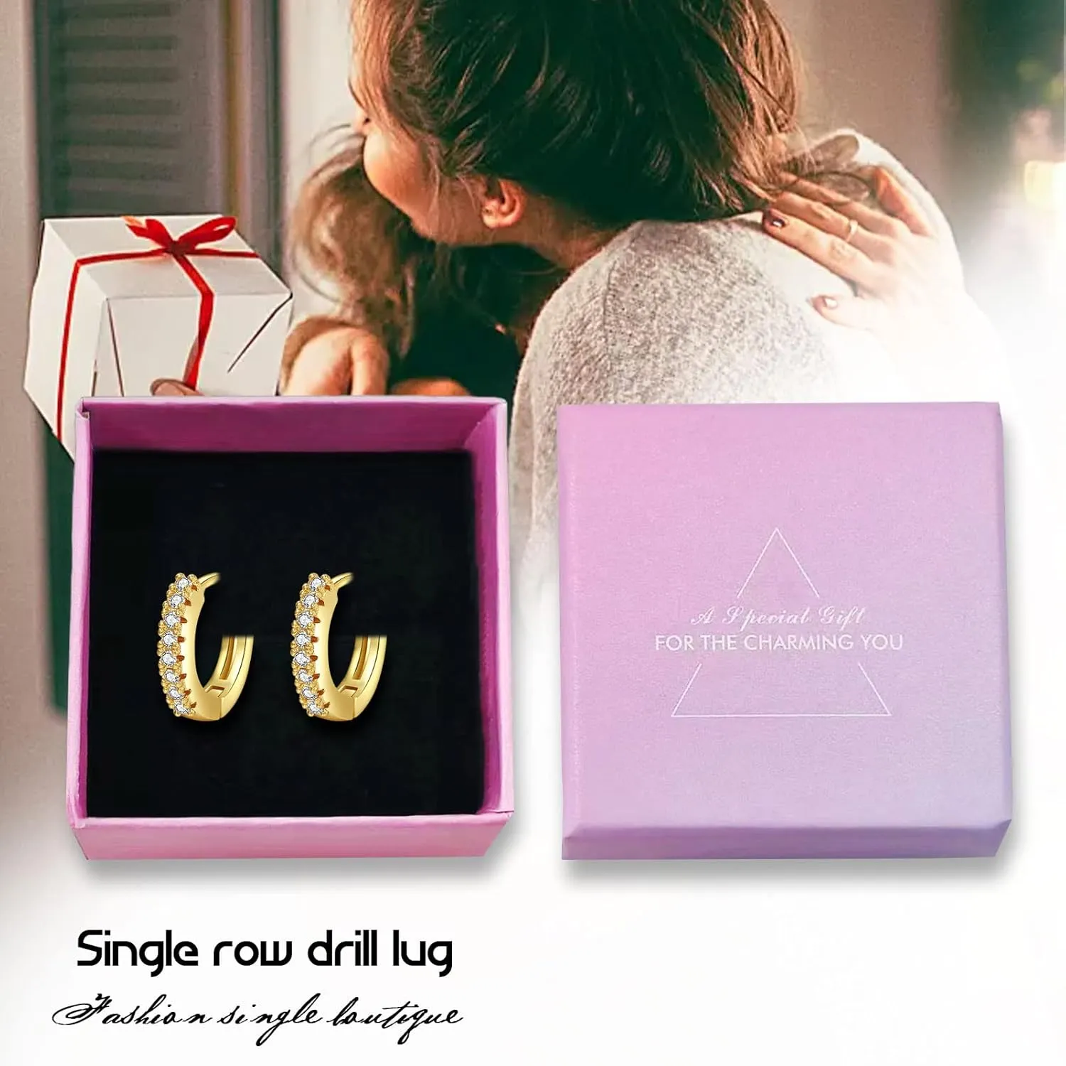 Cubic Zirconia Huggie Hoop Earrings for Women, 8mm Tiny Mini Small Hoop Earrings, Hypoallergenic 14K Gold Plated Cartilage Piercing Earrings (Gold, Black CZ)