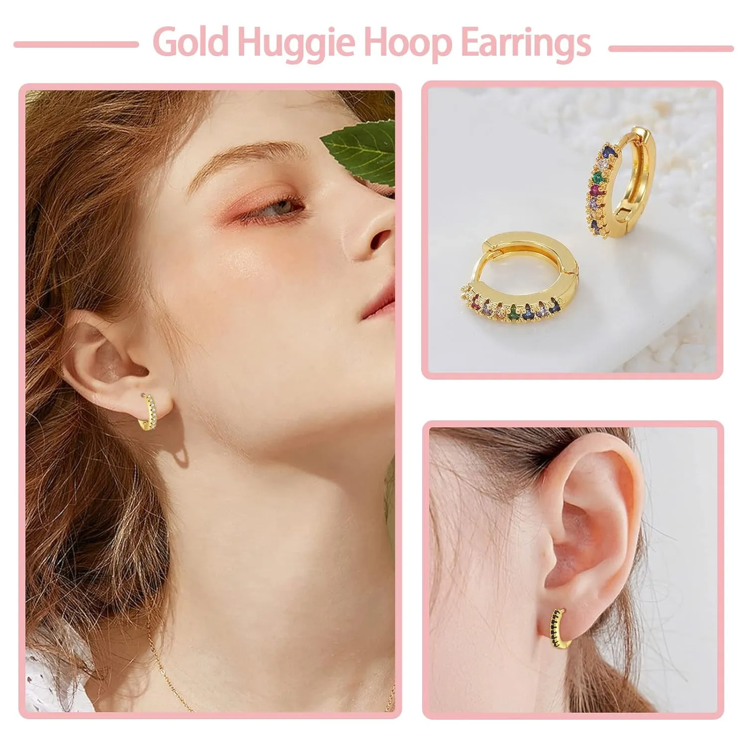 Cubic Zirconia Huggie Hoop Earrings for Women, 8mm Tiny Mini Small Hoop Earrings, Hypoallergenic 14K Gold Plated Cartilage Piercing Earrings (Gold, Black CZ)