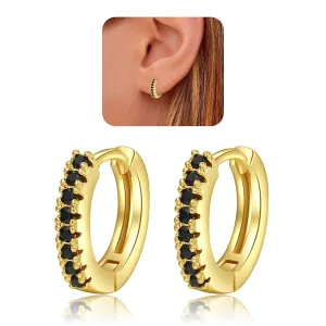 Cubic Zirconia Huggie Hoop Earrings for Women, 8mm Tiny Mini Small Hoop Earrings, Hypoallergenic 14K Gold Plated Cartilage Piercing Earrings (Gold, Black CZ)