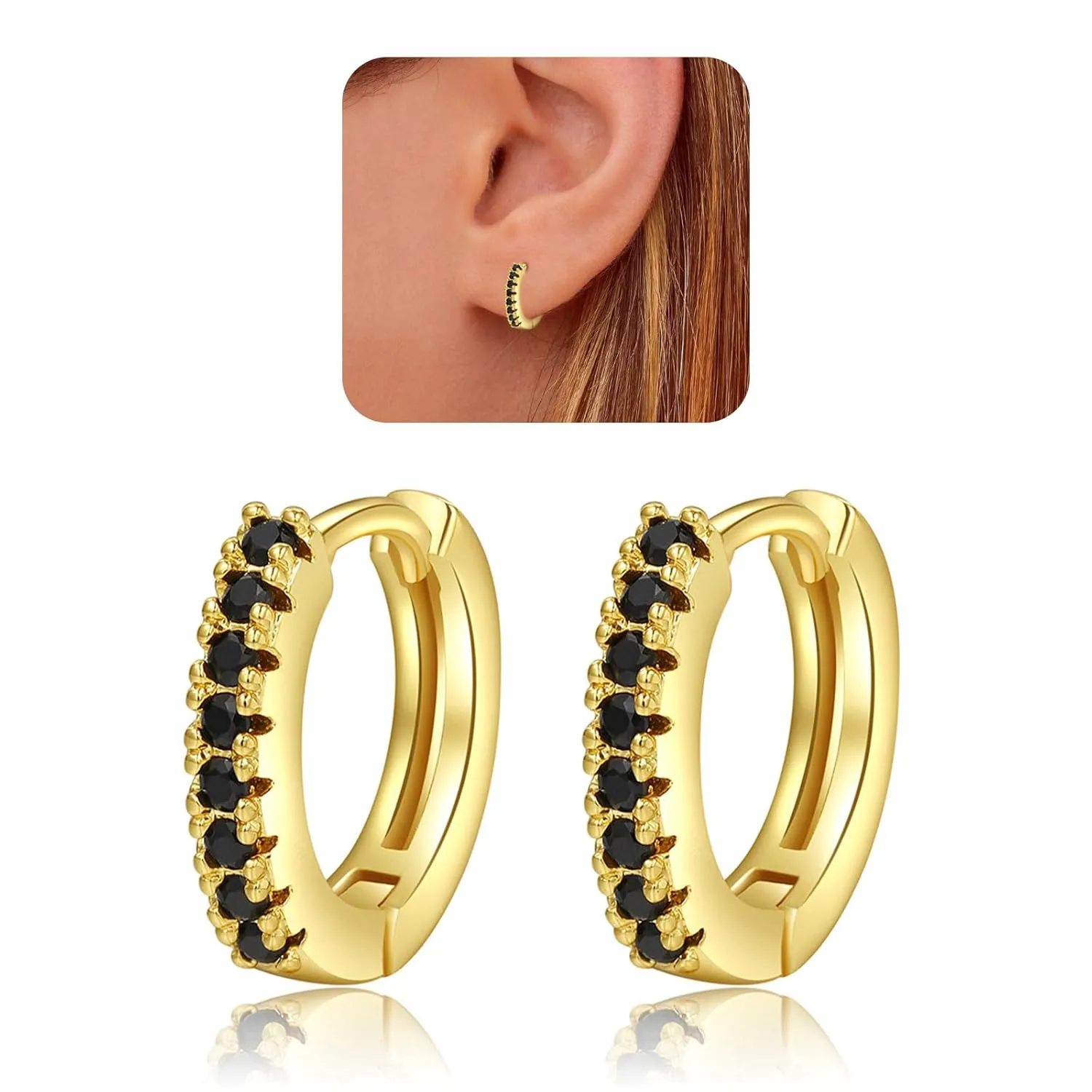 Cubic Zirconia Huggie Hoop Earrings for Women, 8mm Tiny Mini Small Hoop Earrings, Hypoallergenic 14K Gold Plated Cartilage Piercing Earrings (Gold, Black CZ)