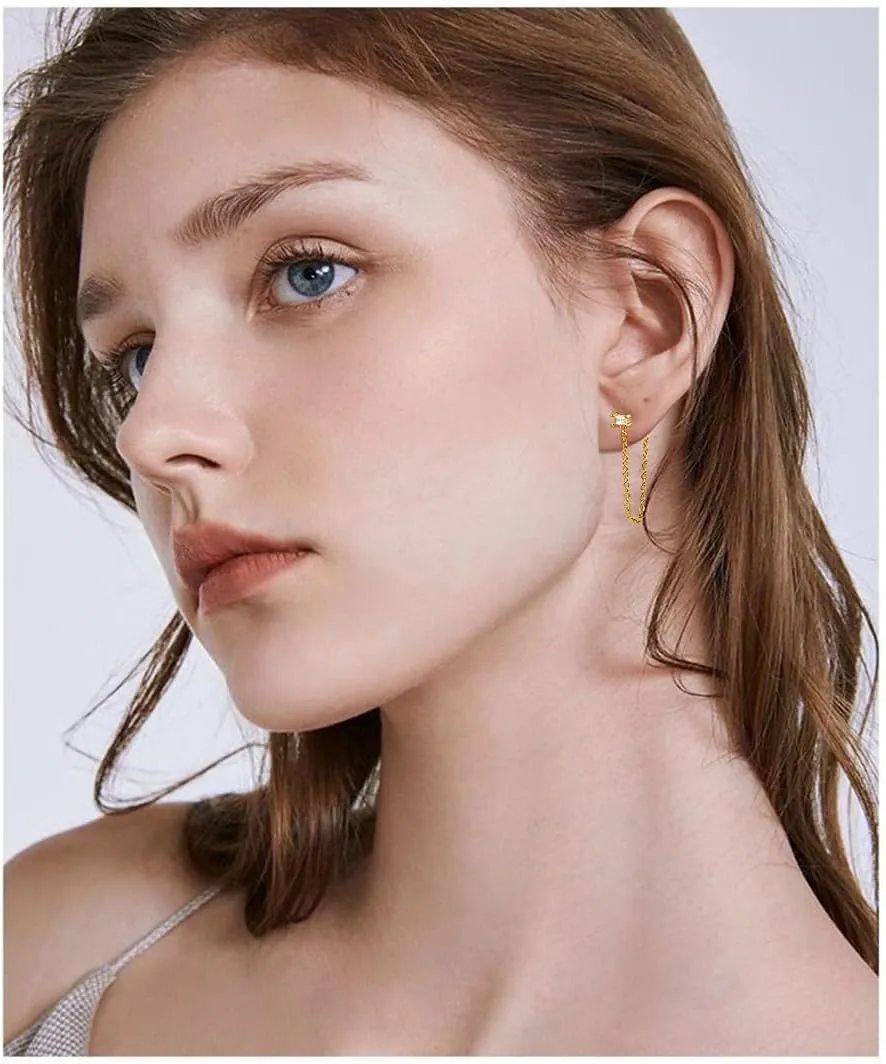Cubic Zirconia Square Tassel Dangle Stud Earrings for Women Cartilage 925 Sterling Silver Crystal Rectangle Chain Link Drop Dangling Front Back Earring Sleeper Hypoallergenic Ear Jacket Studs Fashion Jewelry Gifts Birthday