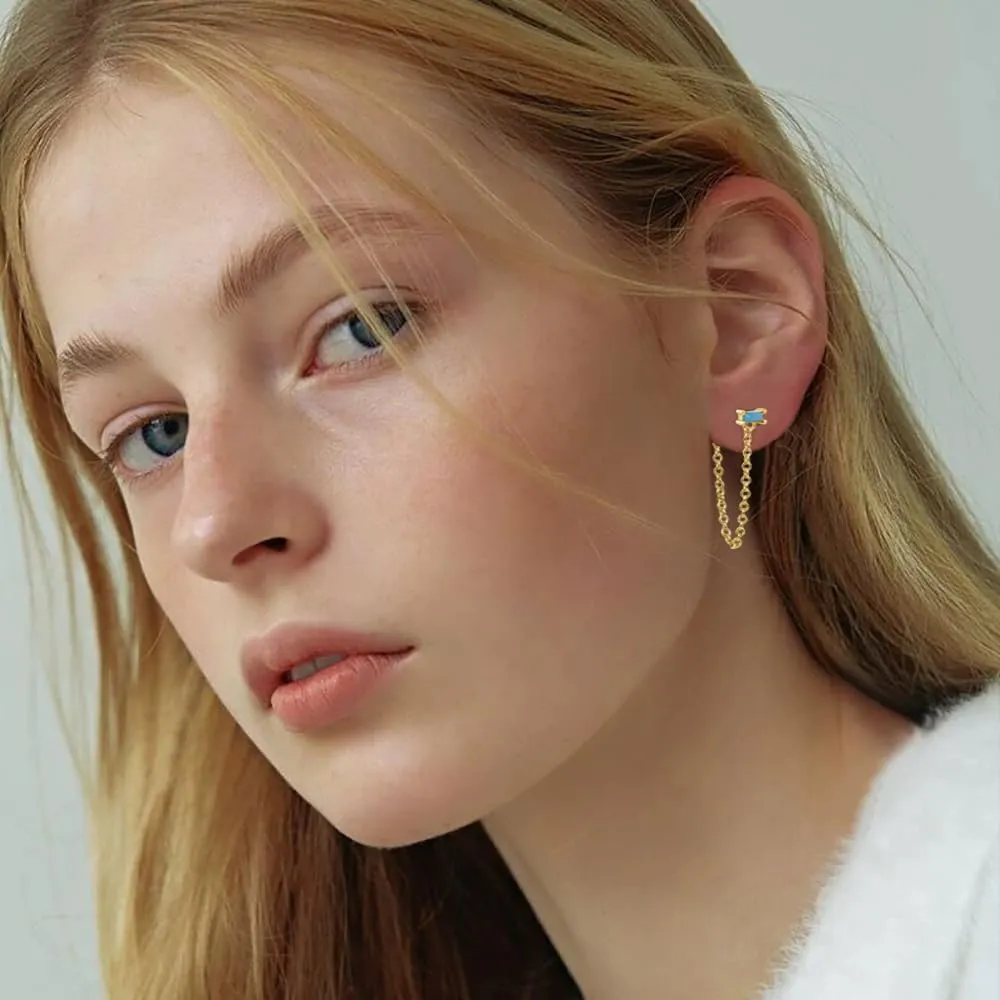 Cubic Zirconia Square Tassel Dangle Stud Earrings for Women Cartilage 925 Sterling Silver Crystal Rectangle Chain Link Drop Dangling Front Back Earring Sleeper Hypoallergenic Ear Jacket Studs Fashion Jewelry Gifts Birthday