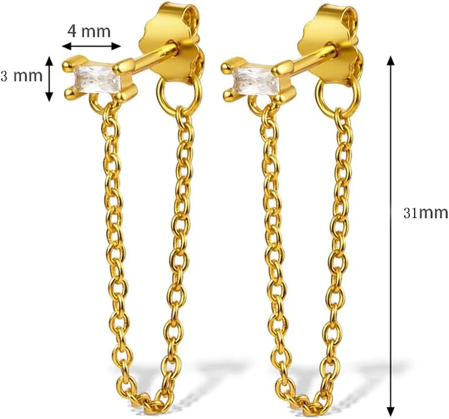 Cubic Zirconia Square Tassel Dangle Stud Earrings for Women Cartilage 925 Sterling Silver Crystal Rectangle Chain Link Drop Dangling Front Back Earring Sleeper Hypoallergenic Ear Jacket Studs Fashion Jewelry Gifts Birthday